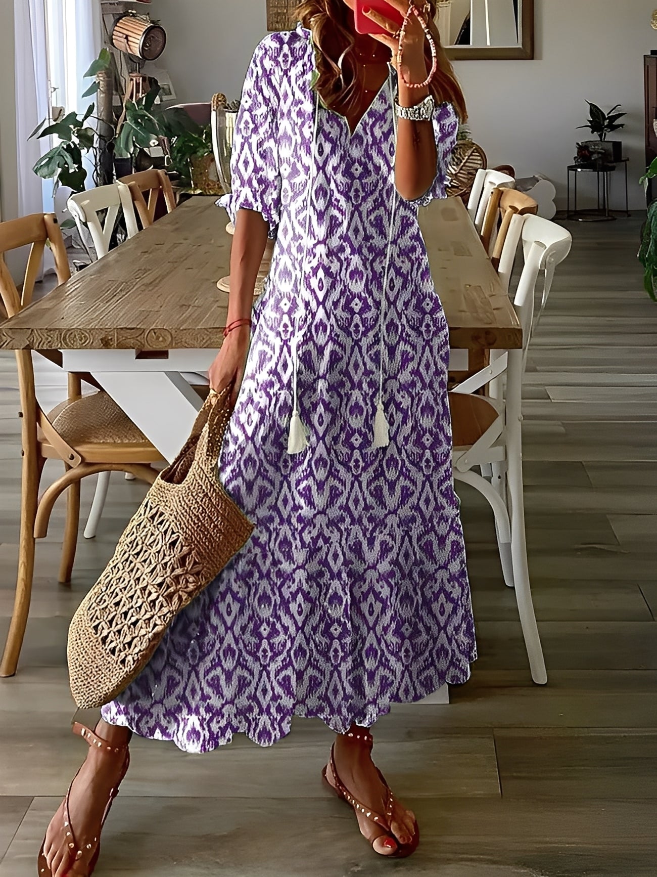 Domitille - Elegantes Kleid mit V-Ausschnitt, locker für Frauen